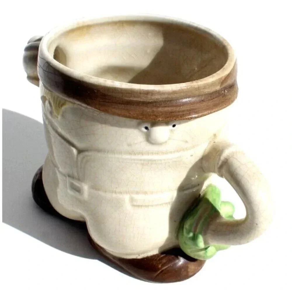 Vintage Quon Quon Japan Coffee Mug Baseball Player Batter Tan Green 3D Novelty